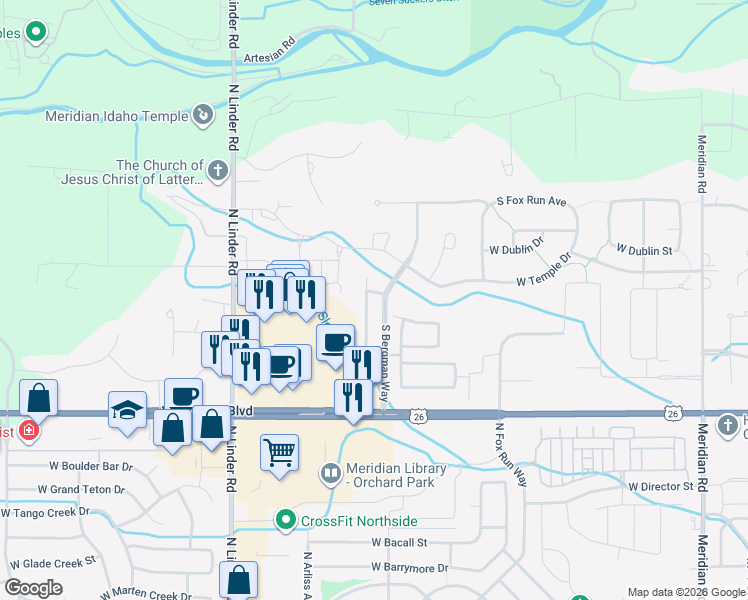 map of restaurants, bars, coffee shops, grocery stores, and more near 3172 South Fox Leash Avenue in Eagle