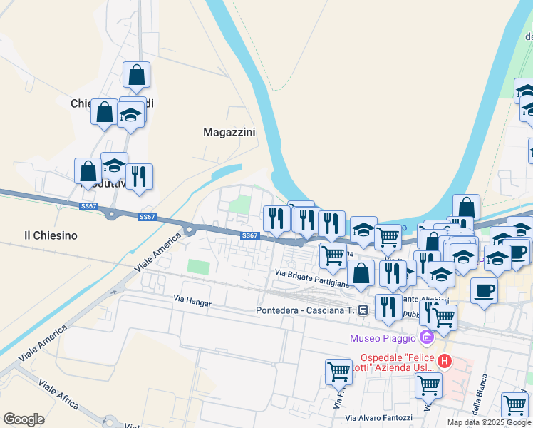 map of restaurants, bars, coffee shops, grocery stores, and more near 1 Via A. Vivaldi in Pontedera