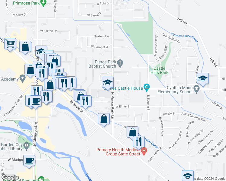 map of restaurants, bars, coffee shops, grocery stores, and more near 9500 N Pierce Park Ln in Boise
