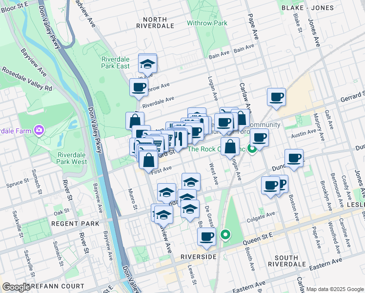 map of restaurants, bars, coffee shops, grocery stores, and more near in Toronto