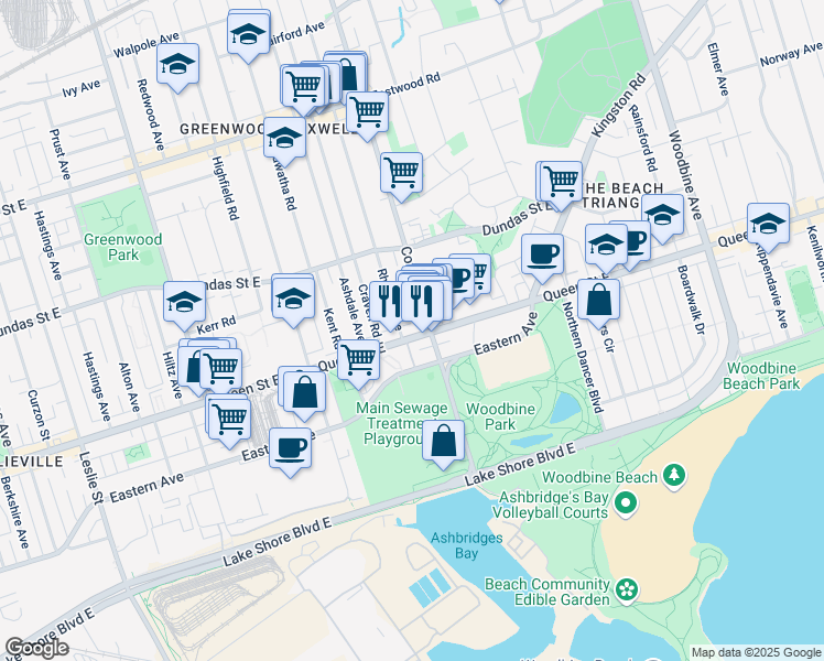 map of restaurants, bars, coffee shops, grocery stores, and more near 1608 Queen Street East in Toronto