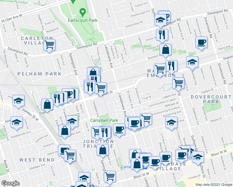map of restaurants, bars, coffee shops, grocery stores, and more near 1401 Dupont Street in Toronto