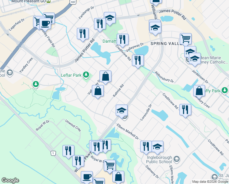 map of restaurants, bars, coffee shops, grocery stores, and more near 42 Kalmia Road in Brampton