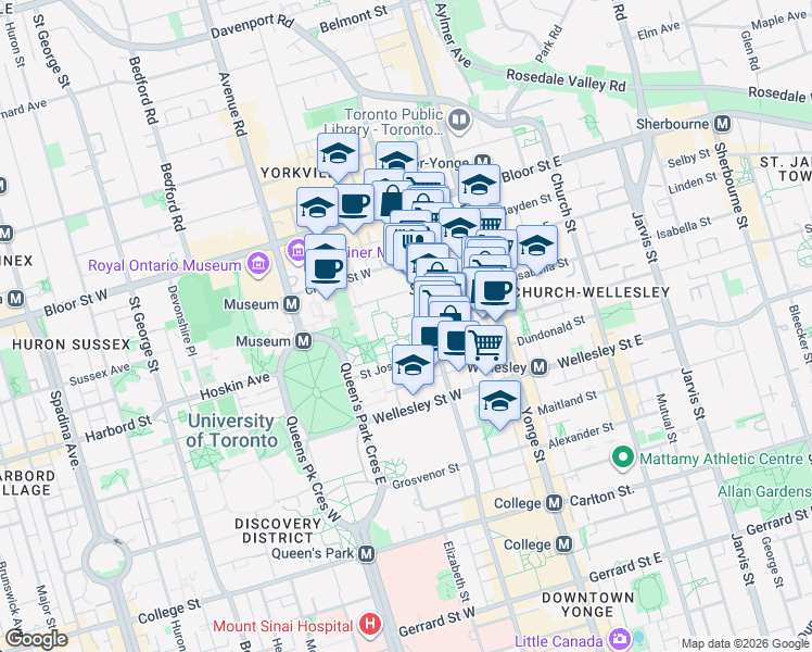 map of restaurants, bars, coffee shops, grocery stores, and more near 50 Saint Joseph Street in Toronto
