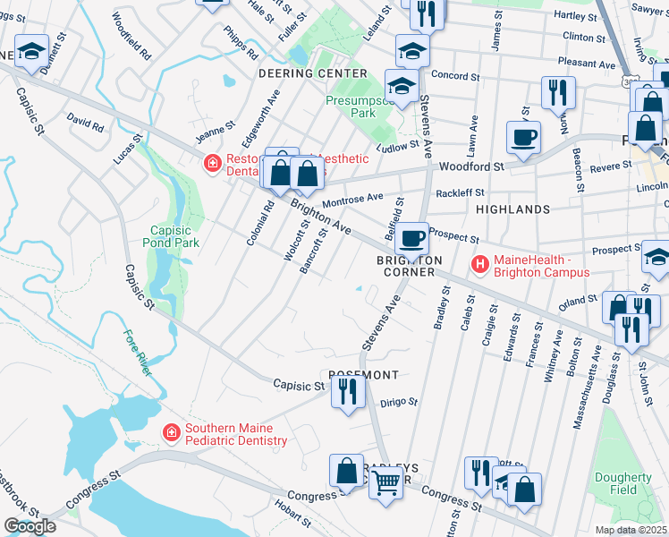map of restaurants, bars, coffee shops, grocery stores, and more near 35 Motley Street in Portland