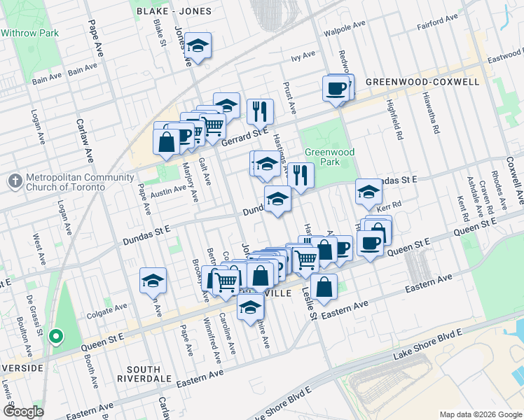 map of restaurants, bars, coffee shops, grocery stores, and more near 129 Curzon Street in Toronto