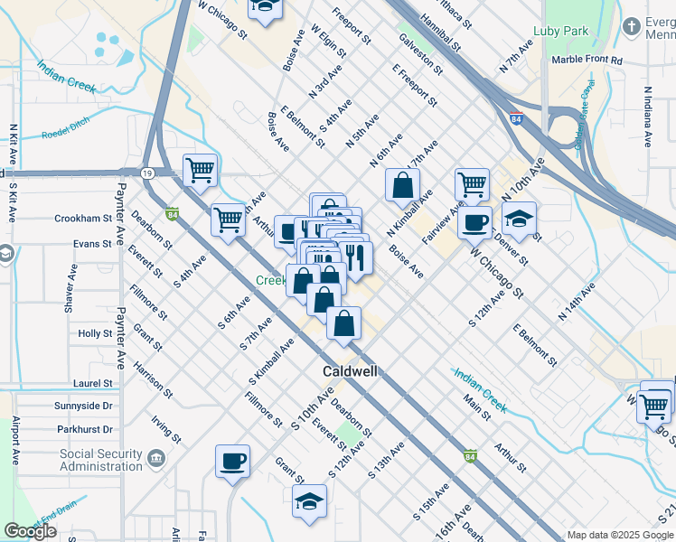 map of restaurants, bars, coffee shops, grocery stores, and more near in Caldwell
