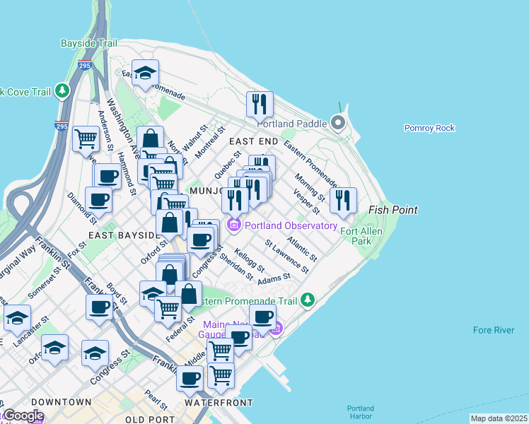 map of restaurants, bars, coffee shops, grocery stores, and more near 99 Atlantic Street in Portland