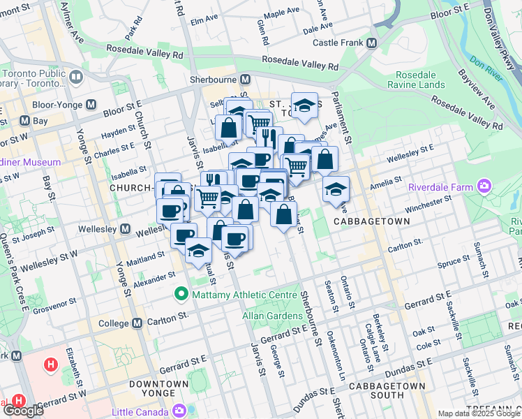 map of restaurants, bars, coffee shops, grocery stores, and more near 155 Wellesley Street East in Toronto