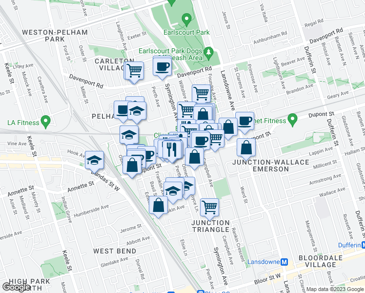 map of restaurants, bars, coffee shops, grocery stores, and more near 348 Symington Avenue in Toronto