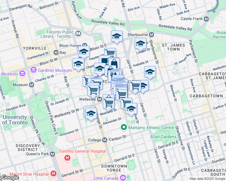 map of restaurants, bars, coffee shops, grocery stores, and more near 49 Dundonald Street in Toronto