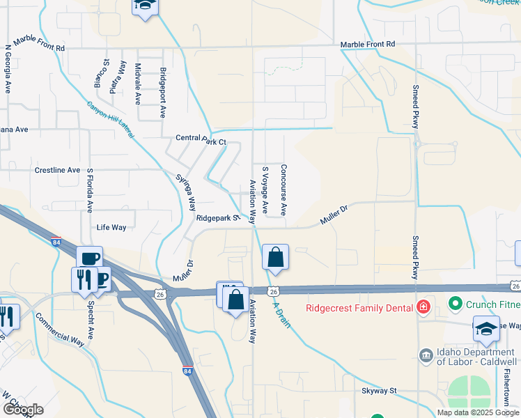 map of restaurants, bars, coffee shops, grocery stores, and more near 421 S Voyage Ave in Caldwell