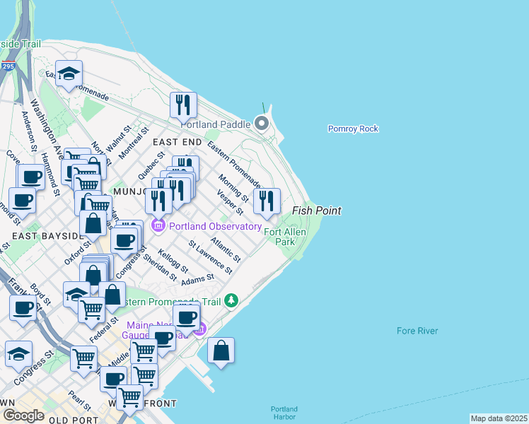 map of restaurants, bars, coffee shops, grocery stores, and more near 25 Morning Street in Portland