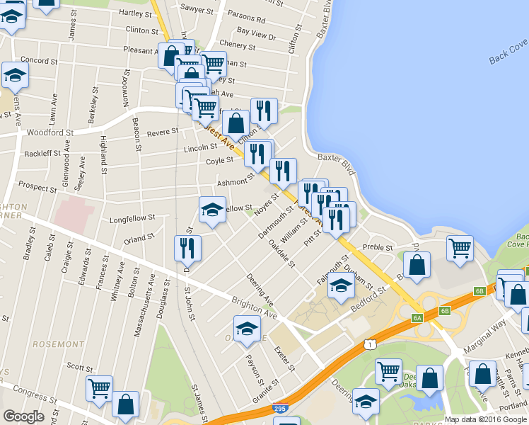 map of restaurants, bars, coffee shops, grocery stores, and more near 10 Freeman Street in Portland