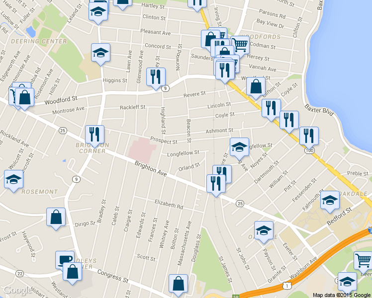 map of restaurants, bars, coffee shops, grocery stores, and more near 94 Prospect Street in Portland