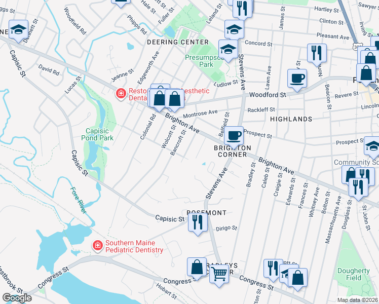 map of restaurants, bars, coffee shops, grocery stores, and more near 35 Motley Street in Portland