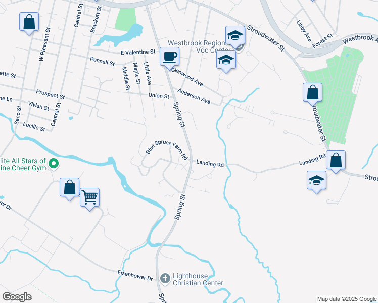 map of restaurants, bars, coffee shops, grocery stores, and more near 300 Spring Street in Westbrook