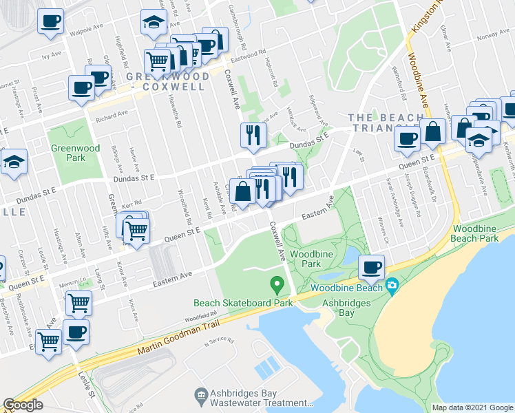 map of restaurants, bars, coffee shops, grocery stores, and more near in Toronto