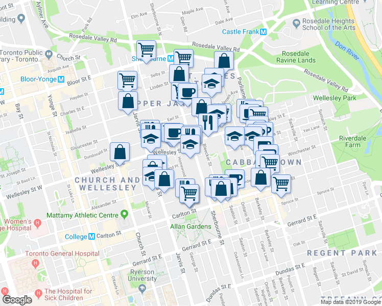 map of restaurants, bars, coffee shops, grocery stores, and more near in Toronto