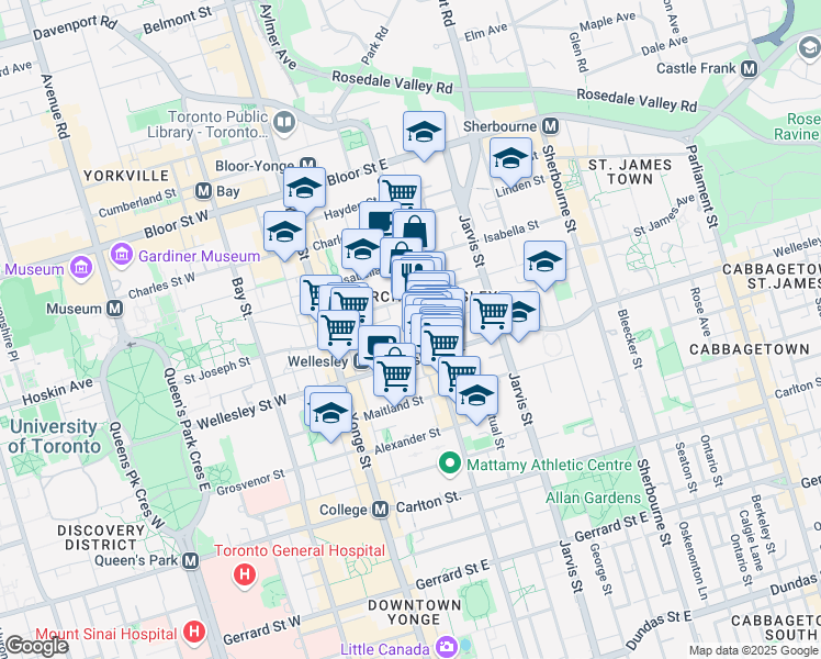 map of restaurants, bars, coffee shops, grocery stores, and more near in Toronto