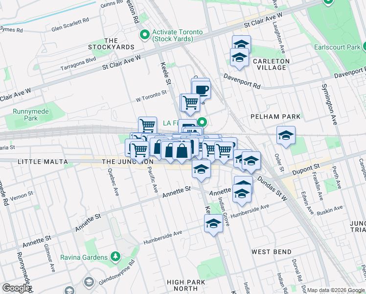 map of restaurants, bars, coffee shops, grocery stores, and more near 20 Vine Avenue in Toronto