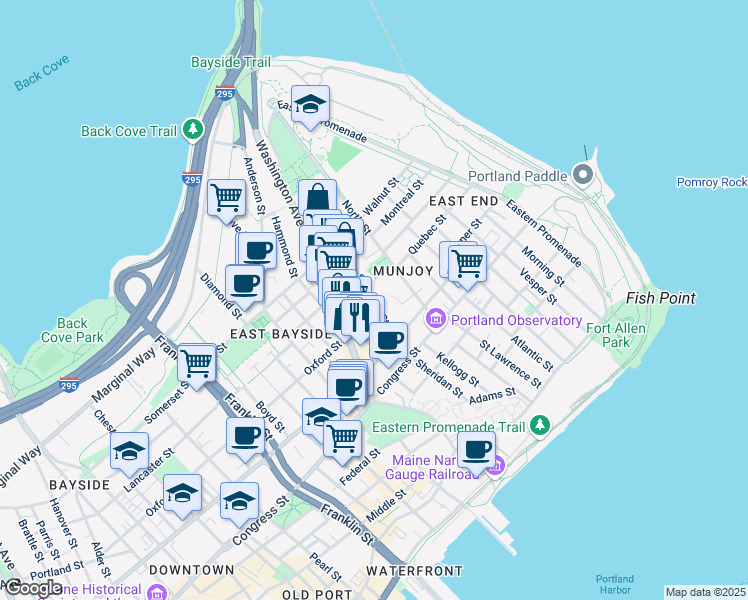 map of restaurants, bars, coffee shops, grocery stores, and more near 125 Sheridan St in Portland