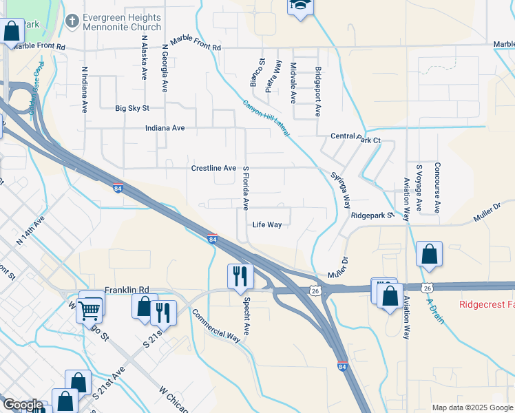 map of restaurants, bars, coffee shops, grocery stores, and more near 2911 Owyhee Lane in Caldwell