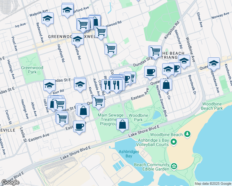 map of restaurants, bars, coffee shops, grocery stores, and more near 1608 Queen Street East in Toronto