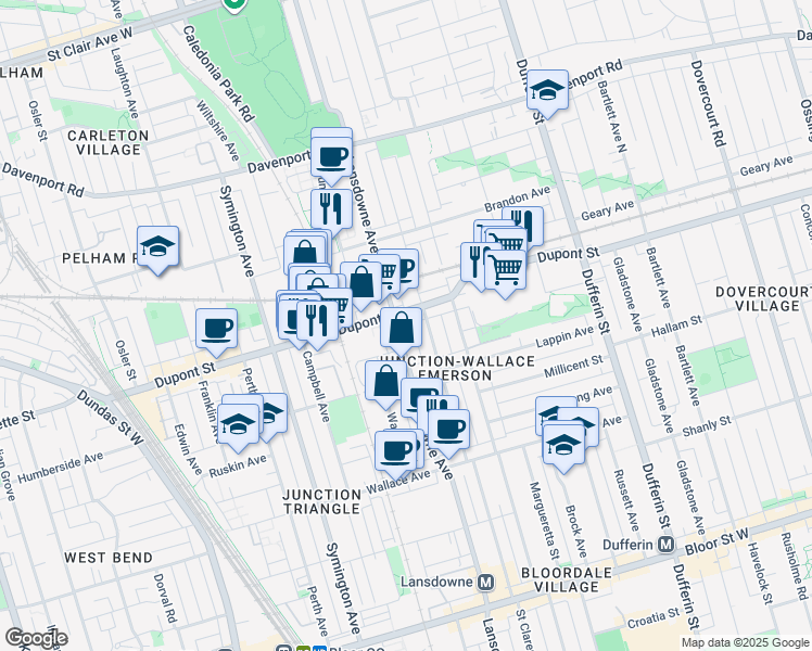 map of restaurants, bars, coffee shops, grocery stores, and more near 997 Lansdowne Avenue in Toronto