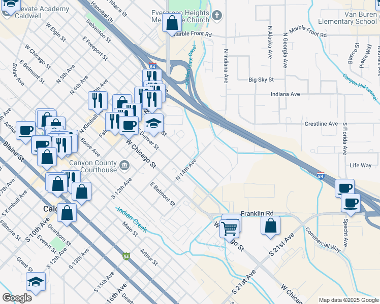 map of restaurants, bars, coffee shops, grocery stores, and more near 1321 East Elgin Street in Caldwell