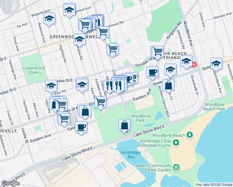 map of restaurants, bars, coffee shops, grocery stores, and more near 1602 Queen Street East in Toronto
