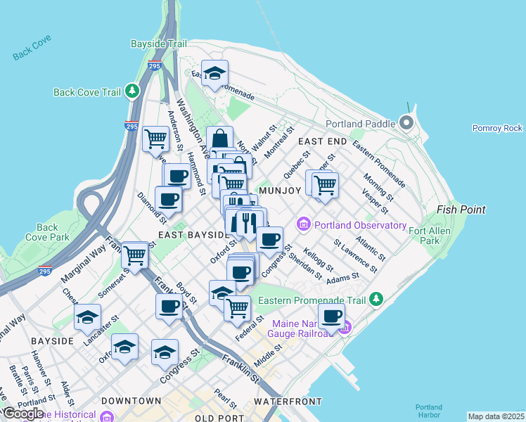 map of restaurants, bars, coffee shops, grocery stores, and more near 117 Sheridan Street in Portland