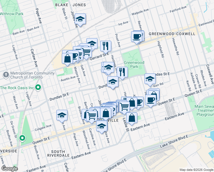 map of restaurants, bars, coffee shops, grocery stores, and more near 129 Curzon Street in Toronto