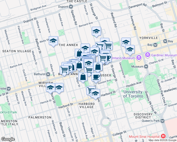 map of restaurants, bars, coffee shops, grocery stores, and more near 750 Spadina Avenue in Toronto
