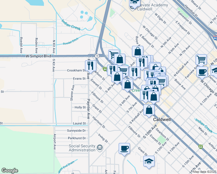 map of restaurants, bars, coffee shops, grocery stores, and more near 318 Dearborn Street in Caldwell