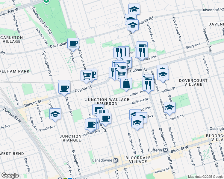map of restaurants, bars, coffee shops, grocery stores, and more near 217 Parthenon St in Toronto