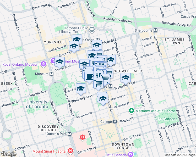 map of restaurants, bars, coffee shops, grocery stores, and more near 11 Irwin Avenue in Toronto