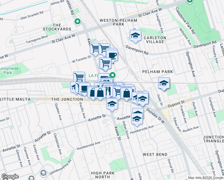 map of restaurants, bars, coffee shops, grocery stores, and more near 50 Heintzman Street in Toronto