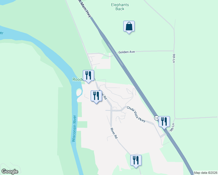 map of restaurants, bars, coffee shops, grocery stores, and more near 4022 River Road in Wisconsin Dells