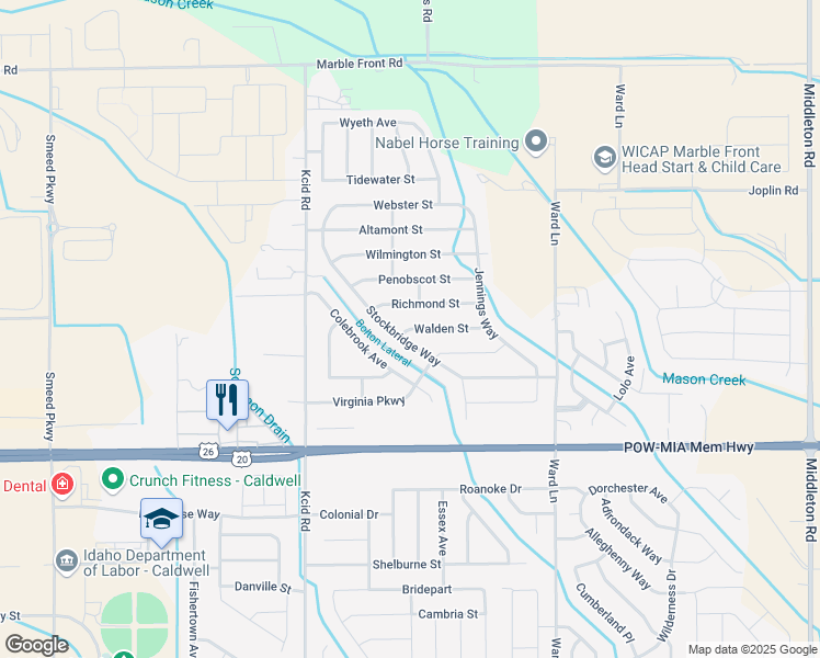 map of restaurants, bars, coffee shops, grocery stores, and more near 11705 Walden Street in Caldwell