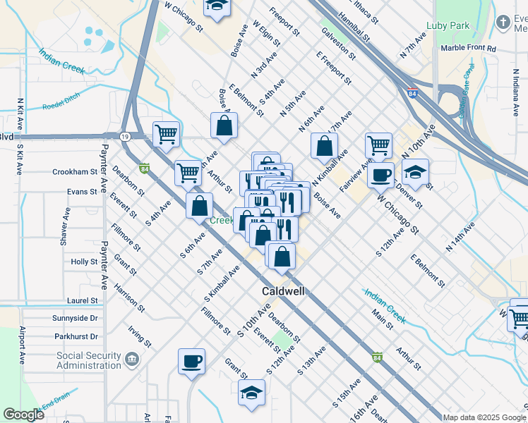 map of restaurants, bars, coffee shops, grocery stores, and more near in Caldwell