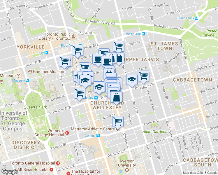 map of restaurants, bars, coffee shops, grocery stores, and more near 57 Dundonald Street in Toronto