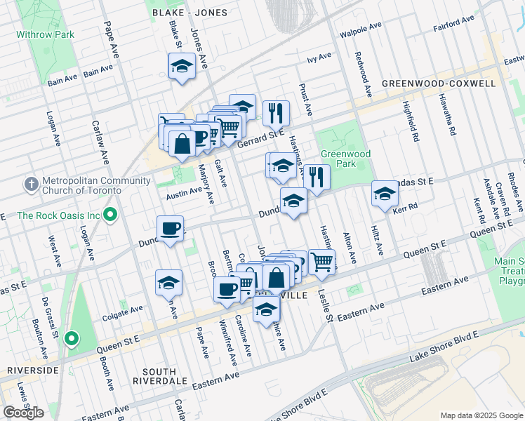 map of restaurants, bars, coffee shops, grocery stores, and more near 1444 Dundas Street East in Toronto