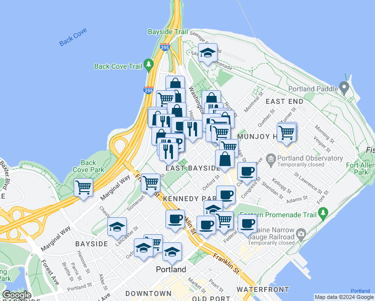 map of restaurants, bars, coffee shops, grocery stores, and more near 107 Anderson Street in Portland
