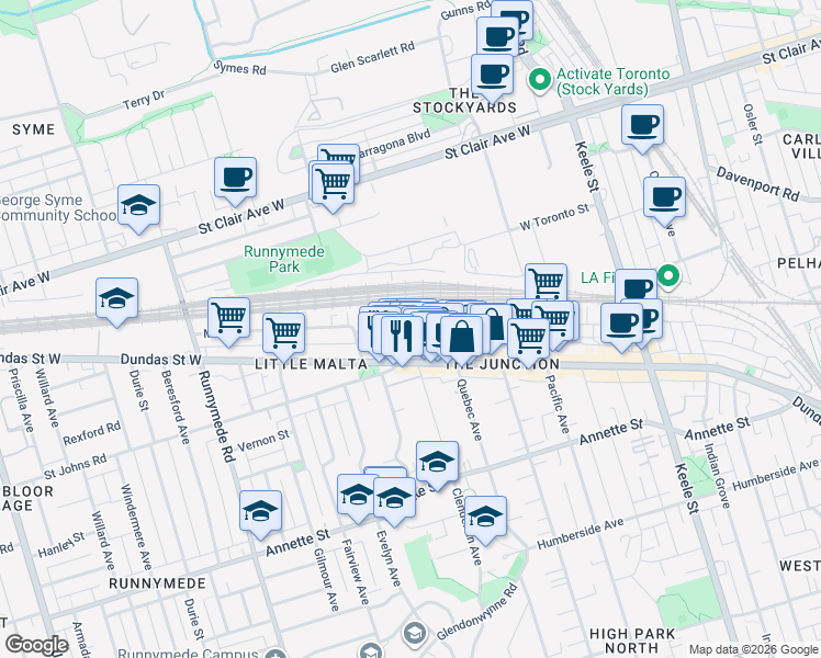 map of restaurants, bars, coffee shops, grocery stores, and more near 558 Clendenan Avenue in Toronto