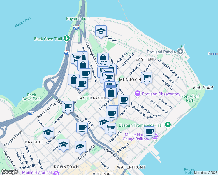 map of restaurants, bars, coffee shops, grocery stores, and more near 93 Washington Avenue in Portland