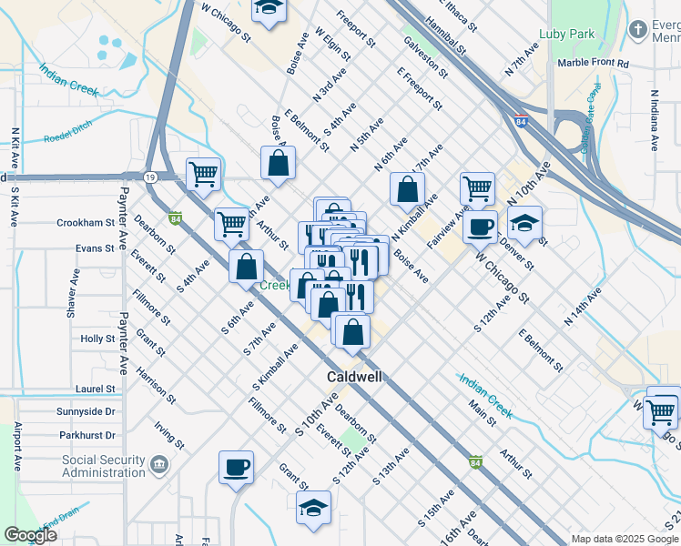 map of restaurants, bars, coffee shops, grocery stores, and more near 710 Main Street in Caldwell