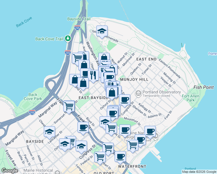 map of restaurants, bars, coffee shops, grocery stores, and more near 1 Madison Street in Portland