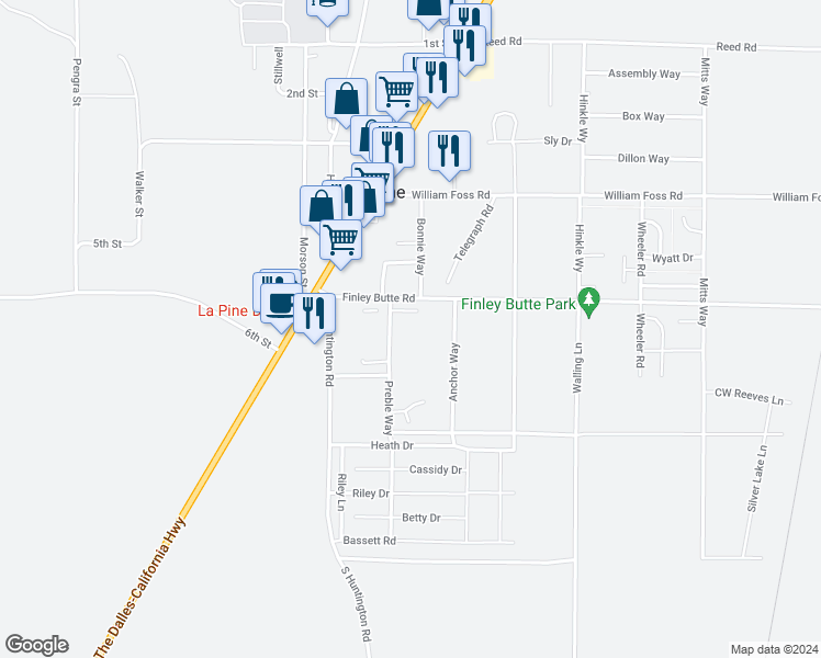 map of restaurants, bars, coffee shops, grocery stores, and more near 51380 Preble Way in La Pine
