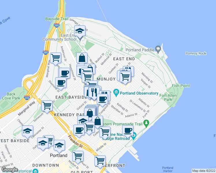 map of restaurants, bars, coffee shops, grocery stores, and more near 32 North Street in Portland
